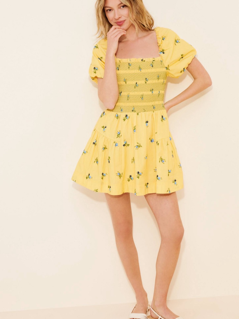 By Anthropologie Yellow Smocked Mini Dress with Blue Floral Print